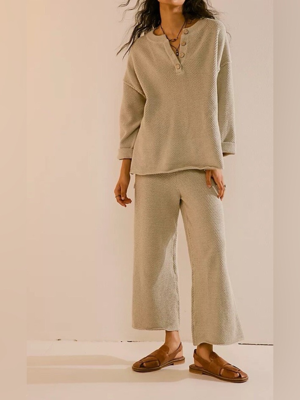 Free People Hailee Knit Cream Tan Waffle Knit Henley Sweater Set M